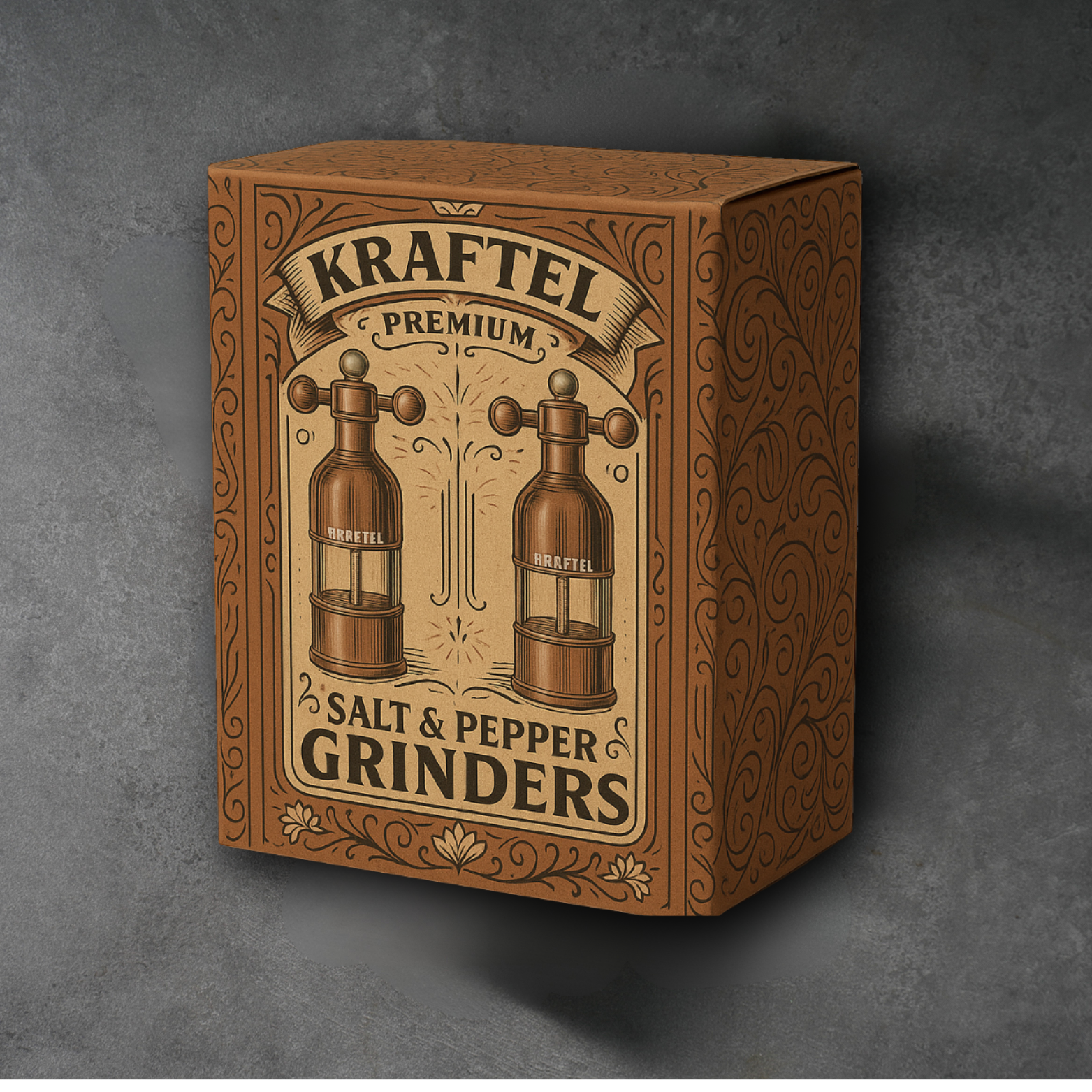 Kraftel ornate printed gift box for the premium salt and pepper grinder set
